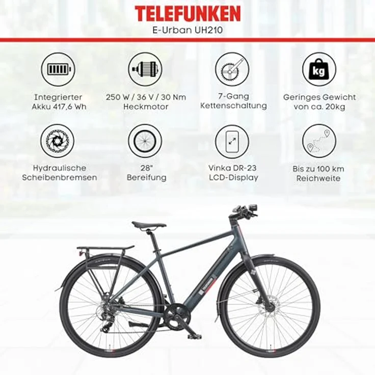 TELEFUNKEN E-Bike Herren 28 Zoll, Elektrofahrrad Hinterradmotor, 7-Gang Shimano Kettenschaltung, Hydr. Scheibenbremsen - Pedelec Urban-Bike, UH210 in schwarz – Bild 5