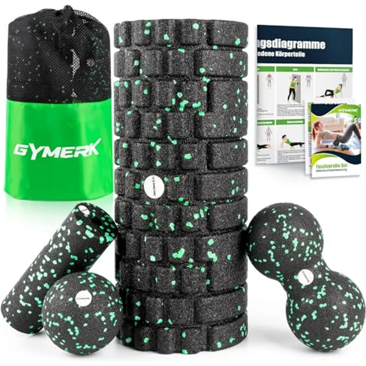 GYMERK Faszienrolle Set mit 3D-Texturmassage, inklusive Anweisungen und Poster in deutscher Sprache, Tragetasche, Yoga Faszien Set mit Faszienball und Duoball für ganzheitliche Muskelentspannung