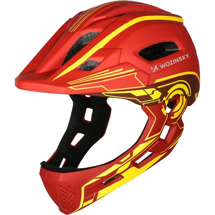 Wozinsky HT-27N, Kinder-Integralhelm mit USB-Rücklicht, Größe S 52–56 cm, Rot Gelb, 360°-Verstellknopf, 12 Belüftungsöffnungen