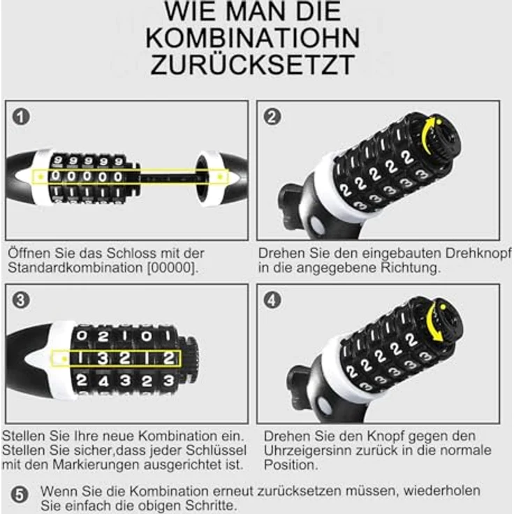 REHKITTZ Fahrradschloss 120 cm / 12 mm Kabelschloss, sehr hohe Sicherheitsstufe mit 5-stelligem Zahlencode, inklusive Befestigungsbügel, weiß – Bild 4
