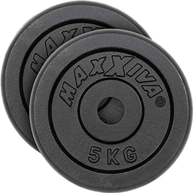 MAXXIVA Hantelscheiben 2er Set Gewichtsplatte je 5 kg 100% Gusseisen schwarz 10 kg Fitness Krafttraining Bodybuilding Workout Gewichtheben Reha
