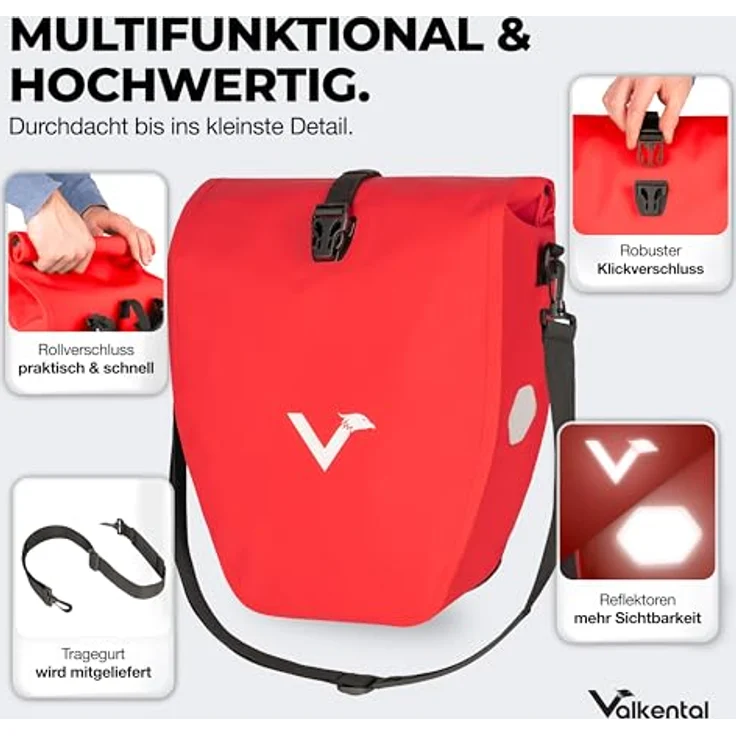Valkental® Gepäckträgertasche ValkBasic, große wasserdichte Fahrradtasche mit 18-22L, abschließbar und bombenfest sitzend, ausgestattet mit großen Reflektoren, gefertigt für Langlebigkeit – Bild 4