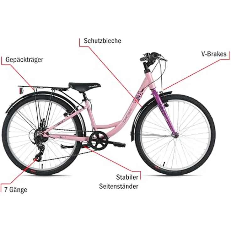 Dacapo CINDY, Kindervelo 24" mit 7-Gang SHIMANO Schaltung, V-Brakes und Gepäckträger, für Körpergrößen 130-150 cm – Bild 4