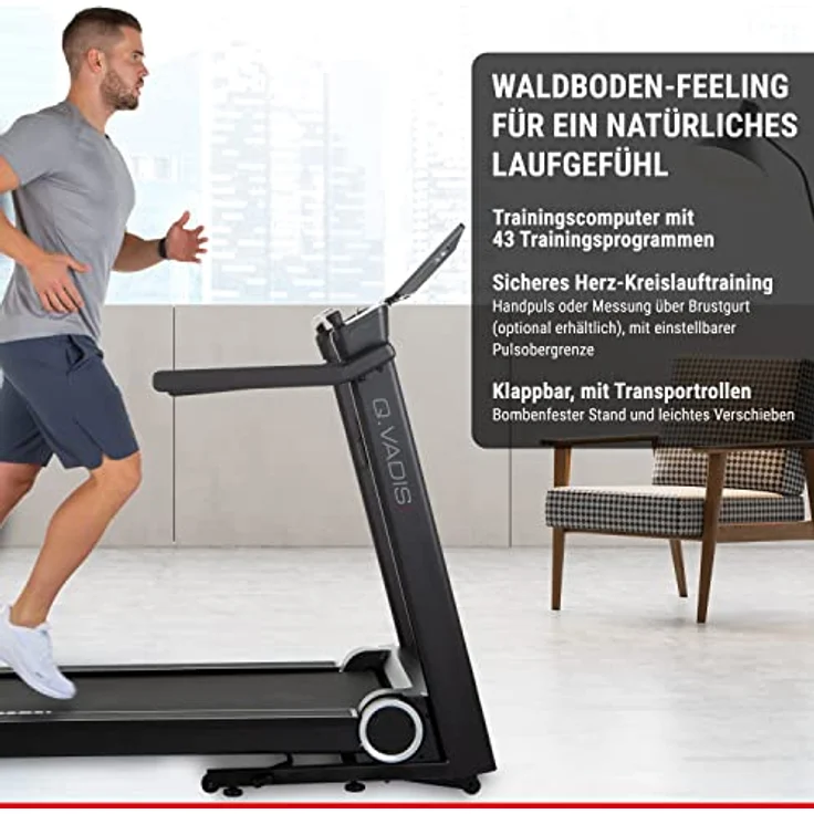 HAMMER Laufband Q. VADIS 10.0, 90% vormontiertes Laufband, senkrechte Klappfunktion, 15,6 Zoll Farb-TFT Touch Screen, App-Steuerung, Kinomap, Zwift, 30 Programme, 7,5 PS, 22 km/h – Bild 5