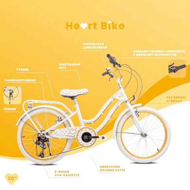 sun baby Mädchenfahrrad 20 Zoll Radgröße Heart Bike 6 Gang Shimano Kinderfahrrad für Mädchen 6-10 Jahre (Weißgold) – Bild 5