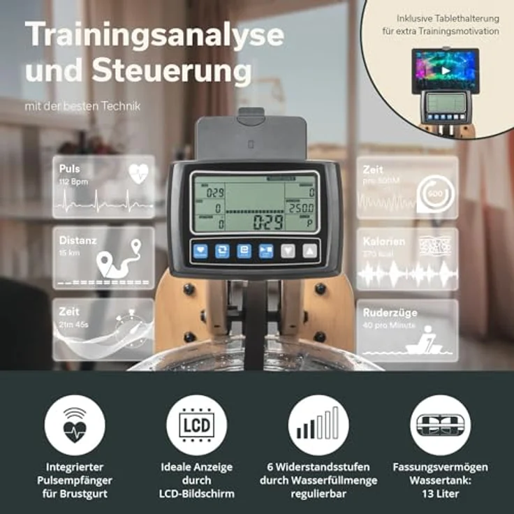 Skandika Wasserrudergerät Nytta | 45° Tank, Holz Rudergerät für Zuhause, klappbar, Kinomap App kompatibel, Europäisches Buchenholz | Holzrudergerät mit Wasserwiderstand – Bild 5