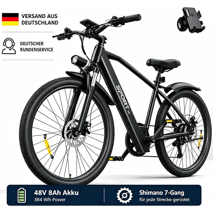 PiXELPiLOT T8S E-Bike, Trekking E-Bike mit doppelter Federung, 250W Pedelec, 48V 8Ah Akku, Shimano 7-Gang, LED-Licht, LCD Display