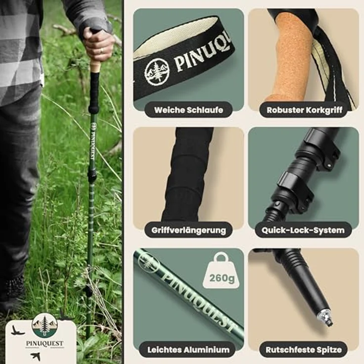 Pinuquest Teleskop Wanderstöcke Aluminium (260g) mit ergonomischem Korkgriff, 4 Aufsätzen für jedes Terrain, für 95-200 cm Körpergröße, grün – Bild 4