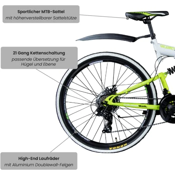Galano Volt DS Mountainbike Fully, 26 Zoll, 21 Gang, für Jugendliche ab 160 cm, in weiß/grün, schwarz/grün oder schwarz/rot – Bild 4