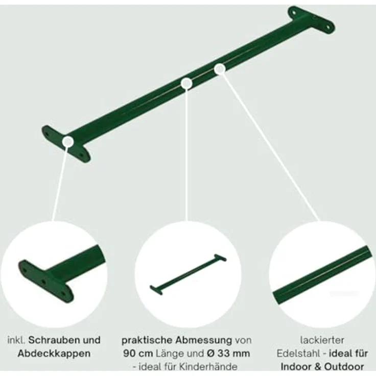 h2i Turnstange für Kinder | Reckstange aus Edelstahl | für Garten & Kinderzimmer | Klimmzugstange Outdoor & Indoor | Stange zum Turnen in Grün | Länge 125 cm – Bild 3