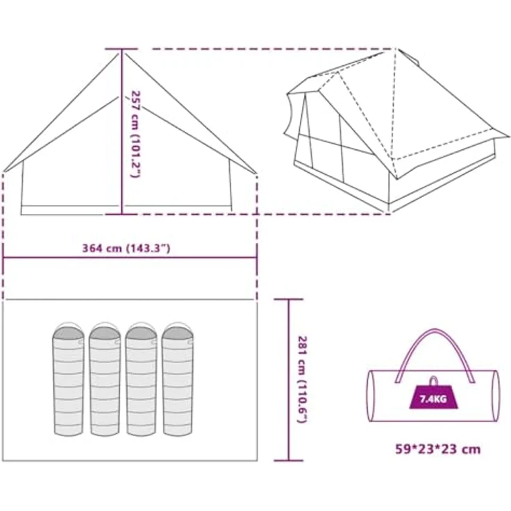 vidaXL Tipi Zelt mit Dach, modernes Familien-Tipi-Zelt in Grün, wetterfest mit E-Port und robustem Design, 364 x 281 x 257 cm – Bild 3