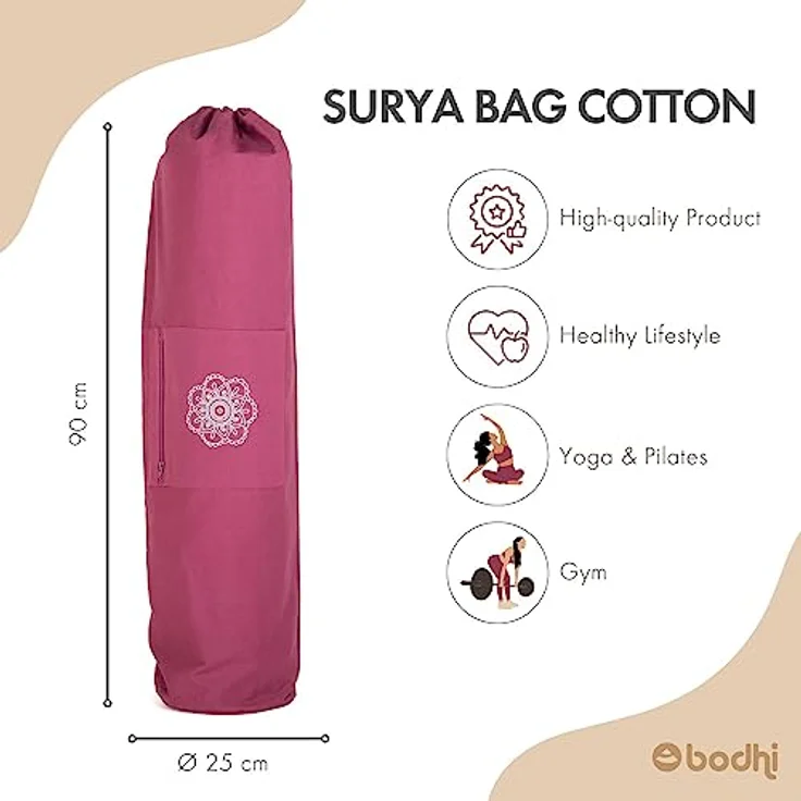 Bodhi SURYA BAG COTTON | Yogatasche groß für Schurwollmatten & Yogamatten | Tasche aus 100% Baumwolle im XL-Format | Sporttasche mit Mandala Design | aubergine – Bild 2