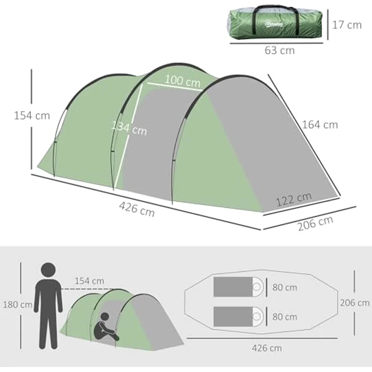 Outsunny Campingzelt für 2-3 Personen stabil wasserdicht Familienzelt mit Seitentür Fenster Packtasche, Dunkelgrün – Bild 5