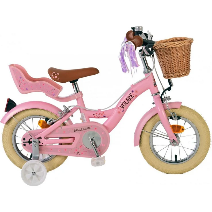 Volare Blossom Kinderfahrrad 12 Zoll Rosa – 2 Handbremsen, abnehmbare Stützräder, geschlossener Kettenschutz, Puppensitz