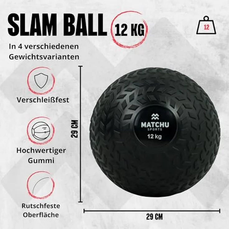 Matchu Slam Ball 12 KG, Wasserdichter Medizinball mit Extra Grip und robustem Design, Schwarz – Bild 2