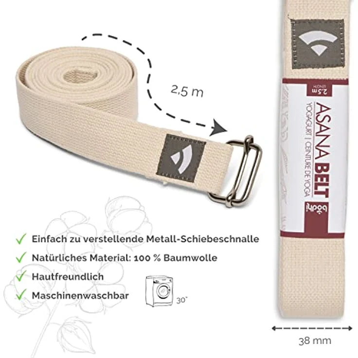 Bodhi Yogagurt | ASANA Belt aus 100% Baumwolle | Praktisches Yoga-Zubehör zur Dehnung | Yoga-Gurt mit Schiebeschnalle aus Metall | Anfänger & Fortgeschrittene | 250 x 3,8 cm (natur) – Bild 3