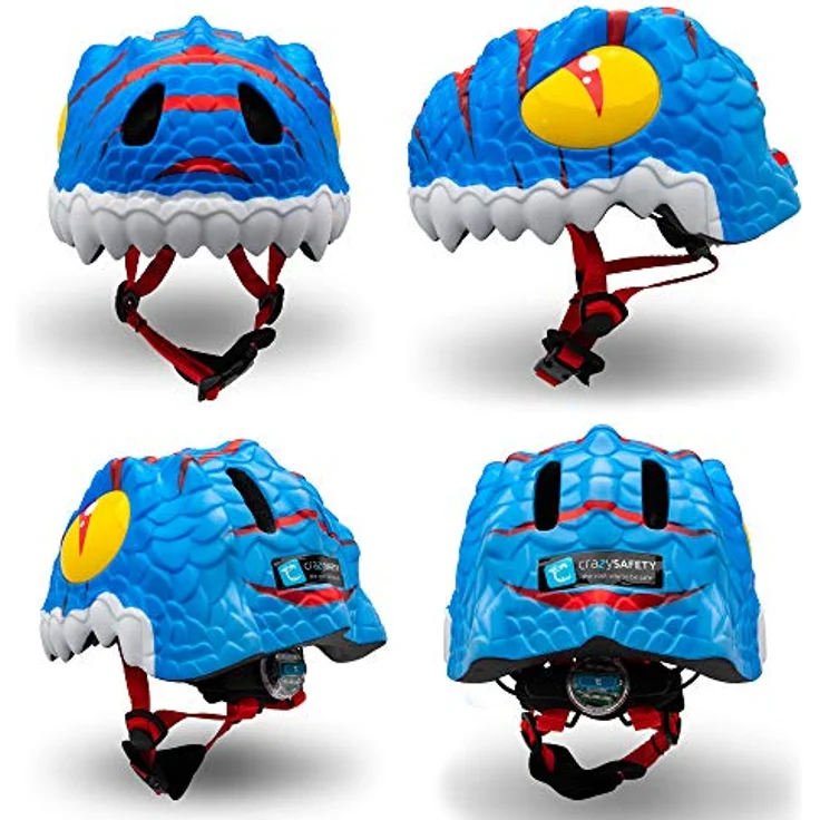 Crazy Safety Fahrradhelm für Kinder | Blauer Dino | 3D-Design, EN1078, mit LED-Rücklicht, Größe S – Bild 2
