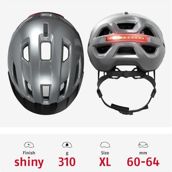 ABUS Stadthelm Urban-I 4.0, Fahrradhelm mit aufladbarem Rücklicht, 2 Leuchtmodi, Zopf-Öffnung, magnetischem Verschluss - Größe XL, Silber – Bild 3