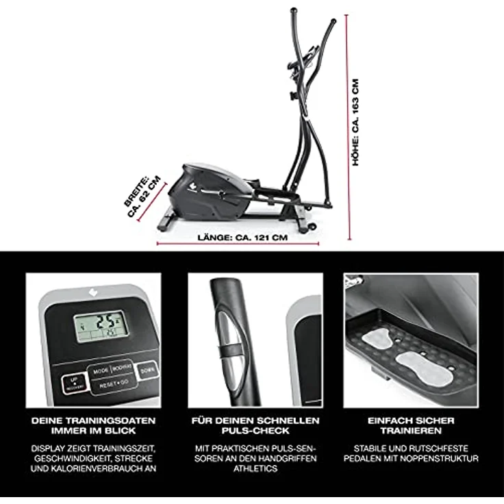 FitEngine Crosstrainer | 10 Schwierigkeitsstufen und extra großes Display mit extra Halterung für Tablet und Smartphone | Pulssensoren in den Griffen | Rutschfeste Pedale [belastbar bis 150 kg] – Bild 2