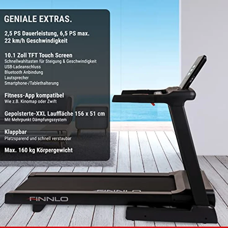 HAMMER Finnlo Laufband Alpinum TFT, 10.1 Zoll TFT-Display, Kinomap & Zwift kompatibel, XXL-Lauffläche, 6,5 PS, 22 km/h, schwarz – Bild 4