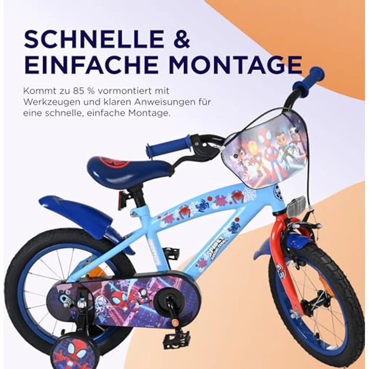 Volare Spidey Kinderfahrrad, 16 Zoll, blau, mit Hand- und Rücktrittbremse, höhenverstellbar, abnehmbare Stützräder – Bild 7