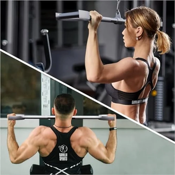 GORILLA SPORTS® Latzugstange - Hufgriff, mit Drehgelenk, 76 cm Lang, bis 200 kg Belastbar, gerändelt, aus Chrom - Trizepsstange, Gerade Stange, Kabelzuggriff, Bizeps Trizeps Stange, Krafttraining – Bild 5