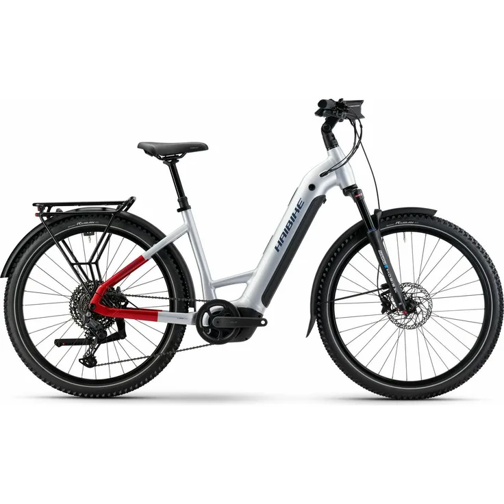 Haibike TREKKING 7 LOW, E-Tourenbike mit Bosch Performance CX Motor, 800 Wh Akku, 27,5" Reifen, grau/rot/blau glänzend