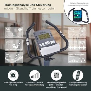 Skandika Vélo d'Appartement Wiry, 32 Niveaux de Résistance, 24 Programmes, Écran LCD, Bluetooth, Kinomap, Velo d appartement, Freinage Magnétique, Support Tablette, Réglage Hauteur, Max 130KG