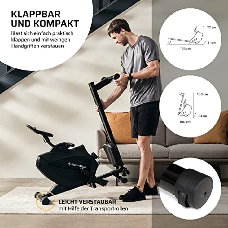 SportPlus Rudergerät für zuhause | Mit oder ohne Bluetooth, klappbar, leises Magnetbremssystem, 8 Widerstandsstufen, Schwungmasse 8kg, kugelgelagerter Rudersitz – Bild 5