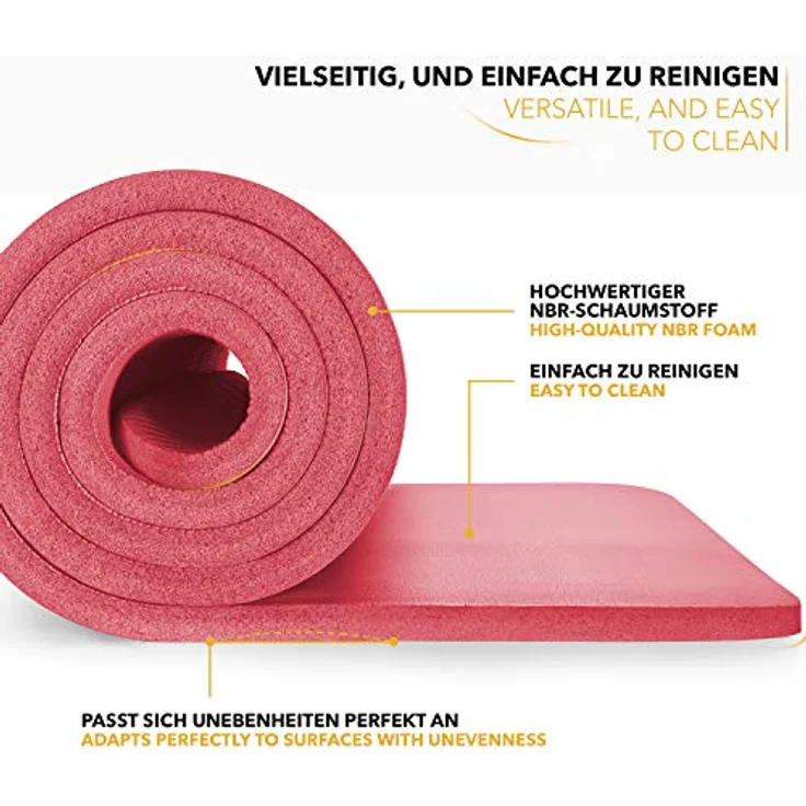 TRESKO Yogamatte, Phthalatfrei, rutschfest, Gymnastikmatte mit Tragegurt, 185x60 cm, Rot, 1,5 cm dick – Bild 5