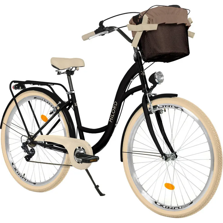 Milordbikes City-Fahrrad, Schwarz & Creme, 46 cm, Metall, mit hochwertigen Aluminiumfelgen und hinterem Träger