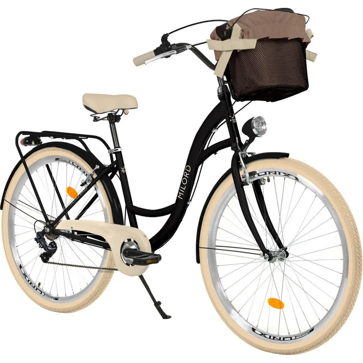 Milordbikes City-Fahrrad, Schwarz & Creme, 46 cm, Metall, mit hochwertigen Aluminiumfelgen und hinterem Träger