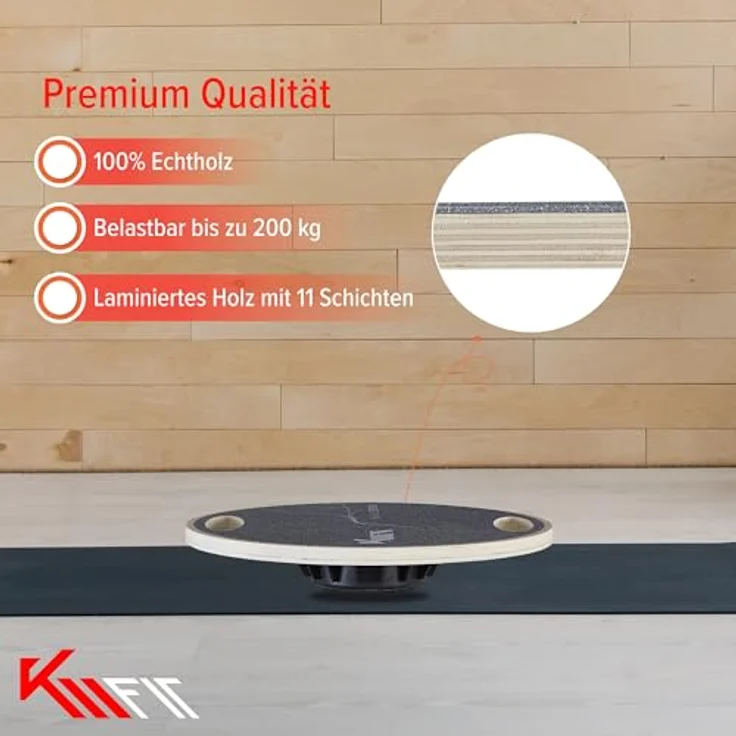 KM-Fit Balance Board rund | Therapie-Kreisel aus Holz | Gleichgewichtstrainer mit Handgriffen | Indoorboard, Wackelbrett für Koordinationstraining | Kraft- & Gleichgewichtstrainer – Bild 5