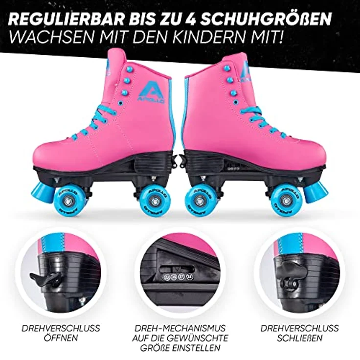 Apollo Rollschuhe Retro Discoroller, verstellbare Disco Roller Skates, größenverstellbar Rollerskates, Retro Design, Schwarz – Bild 3