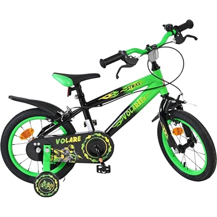Volare Kinderfahrrad Strike 14 Zoll für Jungen – Schwarz-Grün, zwei Handbremsen, abnehmbare Stützräder, höhenverstellbarer Sattel und Lenker, geschlossener Kettenschutz – Bild 1