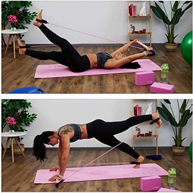 Relaxdays Pilatesstab, 2 Widerstandsbänder mit Fußschlaufe, Pilates-Bar-Set, Yoga, Fitness, Pilates Trainingsgerät, pink – Bild 3