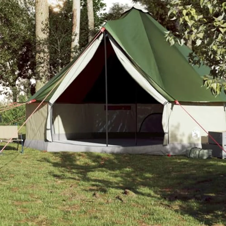 vidaXL Tipi Familienzelt 10 Personen, Campingzelt mit Netzwände, Wasserdicht Tipizelt mit E-Anschluss, Gartenzelt, Grün 185T Polyester – Bild 4