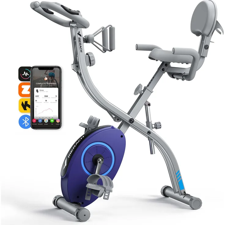 Merach 4-in-1 klappbarer Heimtrainer X-Bike, magnetischer Ergometer mit 16 Stufen, LCD & Pulsmessung, Tabletständer, kompatibel mit Kinomap, bis 136 kg