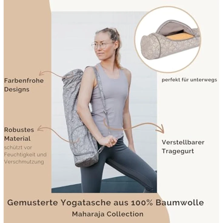 Bodhi Yogatasche ASANA Bag Cotton | Maharaja Collection | Yogamattentasche für Matten bis 200 cm Länge | Baumwolltasche mit Außentaschen | 70 cm | Madurai/Ecru – Bild 4