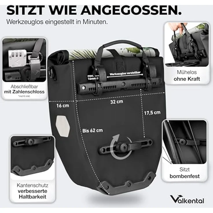 Valkental Gepäckträgertasche ValkBasic, wasserdicht, 28L Füllvolumen, mit Reflektoren und Tragegurt – Bild 2