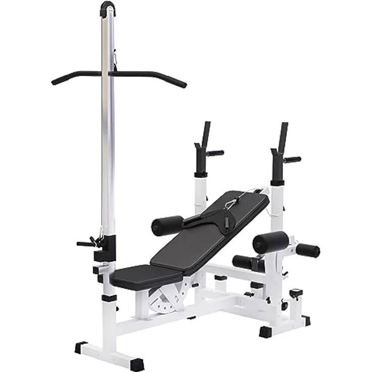 GORILLA SPORTS® Kraftstation Universal - Trainingsbank mit Latzugturm, Butterfly, Beincurler, Weiss