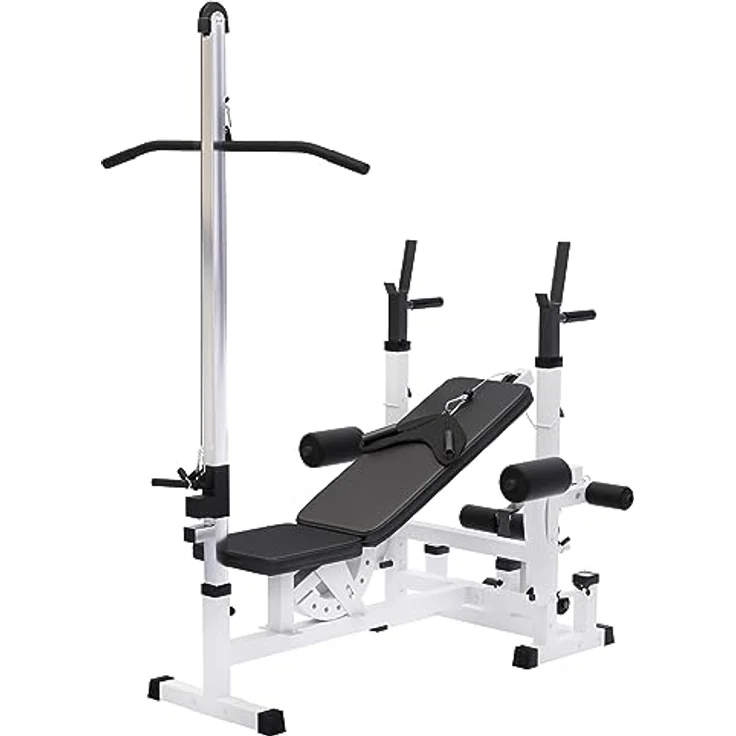 GORILLA SPORTS® Kraftstation Universal - Trainingsbank mit Latzugturm, Butterfly, Beincurler, Weiss – Bild 1