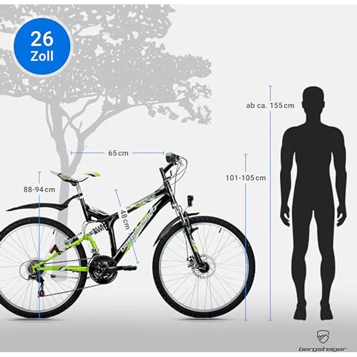 Bergsteiger Buffalo 26 Zoll Mountainbike, 18 Gang-Schaltung, vollgefederter Hi-Ten Stahlrahmen, Scheibenbremse, Licht, Schutzblech, geeignet ab 155 cm – Bild 6