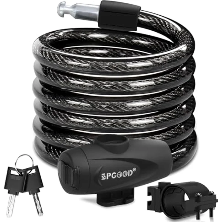 SPGOOD Fahrradschloss Spiralkabelschloss 120 cm/12 mm, sehr hohe Sicherheitsstufe mit 2 Schlüsseln, kratz- und wasserdicht, Anti-Diebstahl für Fahrrad, Motorrad, Roller (Schwarz) – Bild 1