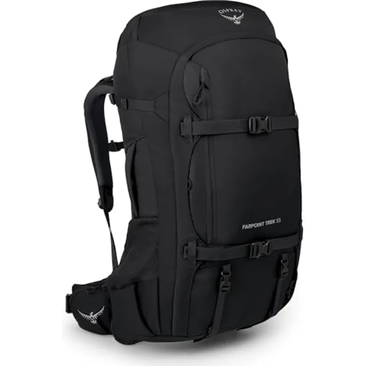 Osprey Farpoint Trek 55 Herren Rucksack, belüftetes Airspeed-Trampolin-Rückensystem, integrierte wasserdichte AirCover-Reisetasche, zwei Hüftgurttaschen mit Reißverschluss
