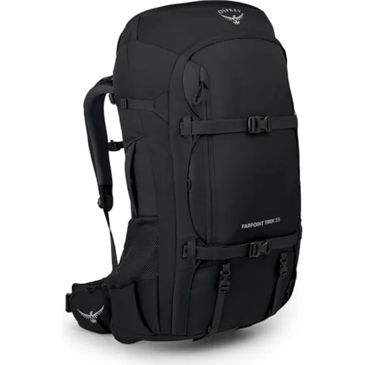 Osprey Farpoint Trek 55 Herren Rucksack, belüftetes Airspeed-Trampolin-Rückensystem, integrierte wasserdichte AirCover-Reisetasche, zwei Hüftgurttaschen mit Reißverschluss – Bild 1