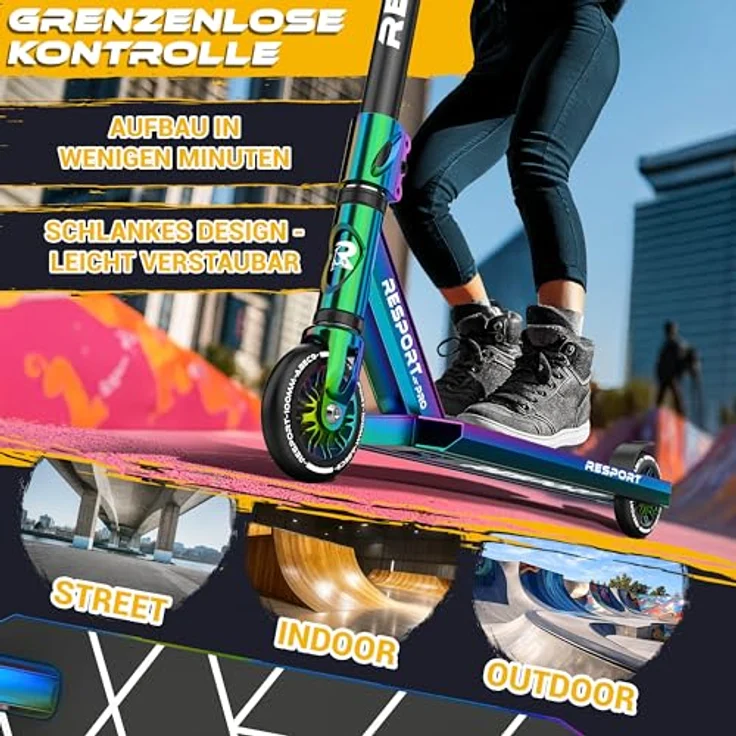 RE:SPORT REVO PRO Stunt Scooter für Kinder & Erwachsene, Profi Stuntroller mit 110mm PU-Rollen, Y-Bar, ABEC 9 Kugellagern, rutschfestem Pro-Deck und Ständer – Bild 4