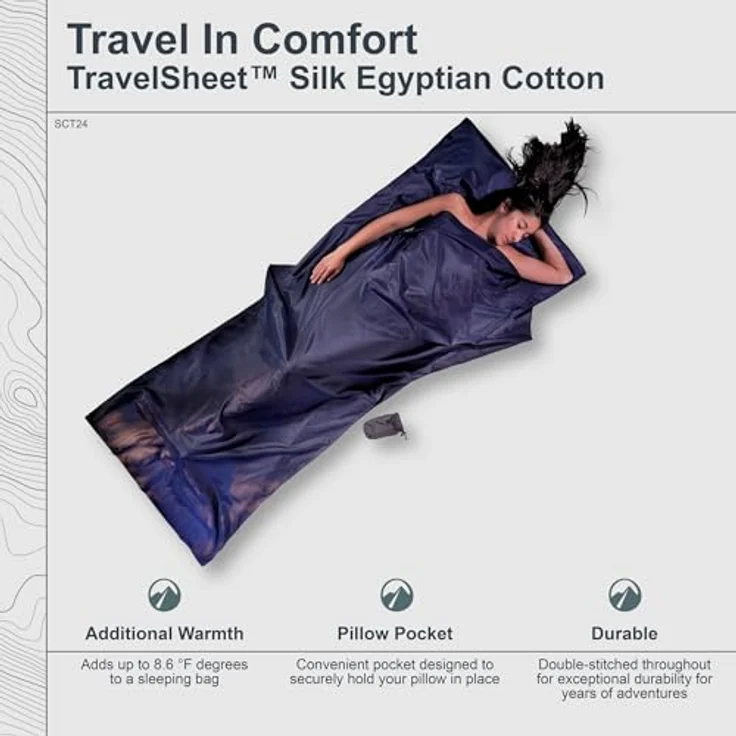 Cocoon TravelSheet, Leichter Schlafsack aus Seide-Baumwolle (220 cm), temperaturausgleichend, inkl. Kissenfach, Klettverschluss – Bild 2