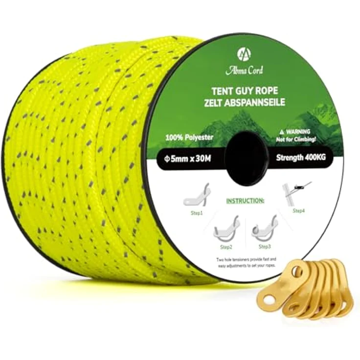 Abma Cord Abspannseile Zeltschnur, 30M elastisches Zeltseil mit 6 Seilspannern, 5mm Durchmesser, reflektierende Neon Gelb, 400 kg Bruchlast, UV-beständig für Camping und Outdoor – Bild 1
