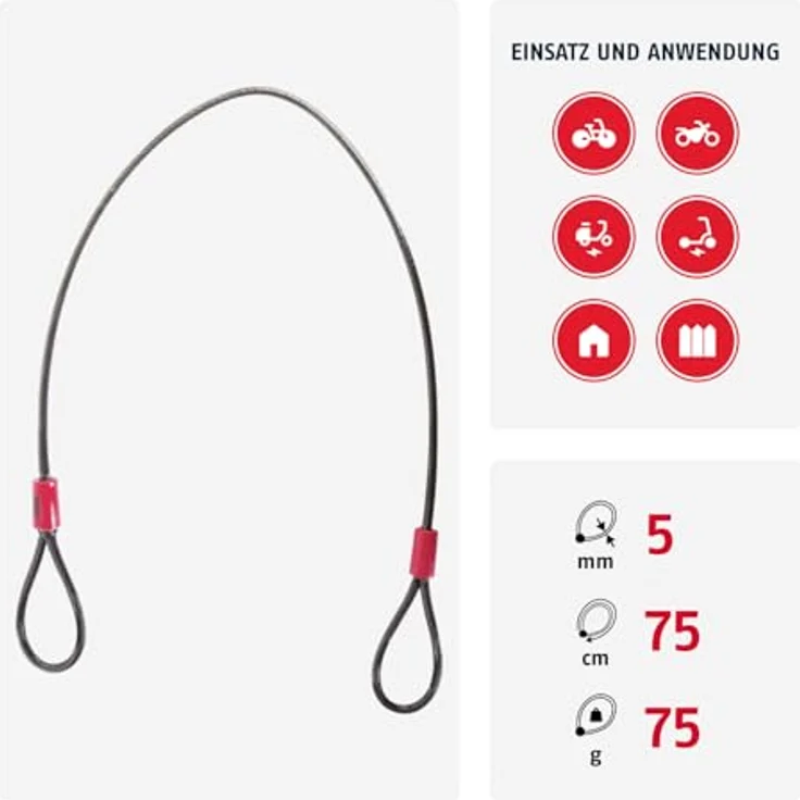 ABUS Schlaufenkabel Cobra 5/75, Kunststoff ummanteltes Stahlseil zur Sicherung von Fahrrad- und Motorrad-Zubehör, 75 cm lang, 5 mm dick, Schwarz/Rot – Bild 2